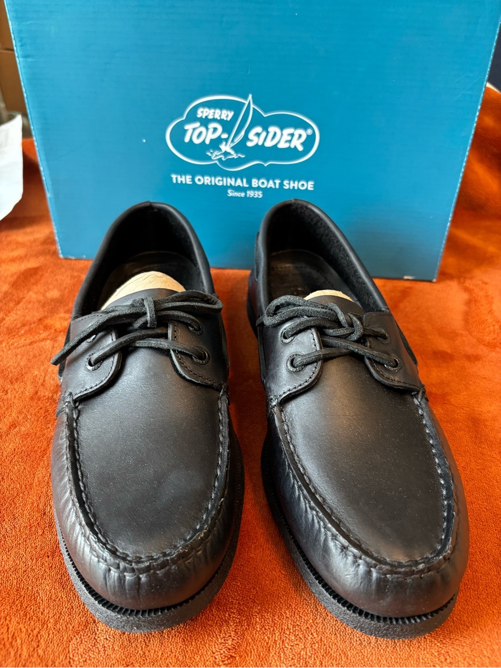 Sperry Men’s Black Leather Moc-Toe Boat Shoes